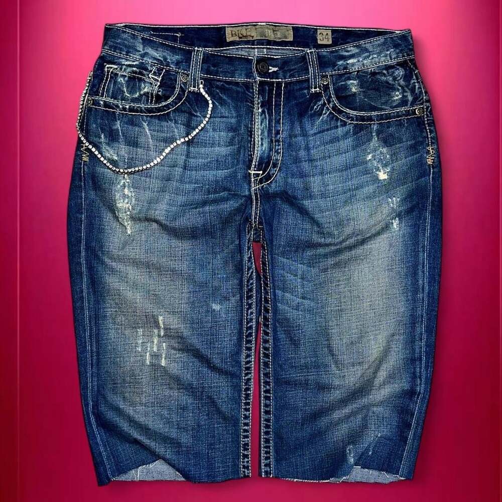 Vintage Y2K BKE Tyler Capri Jean Shorts W34 Dark Wash Denim Crop Rhinestone Chai